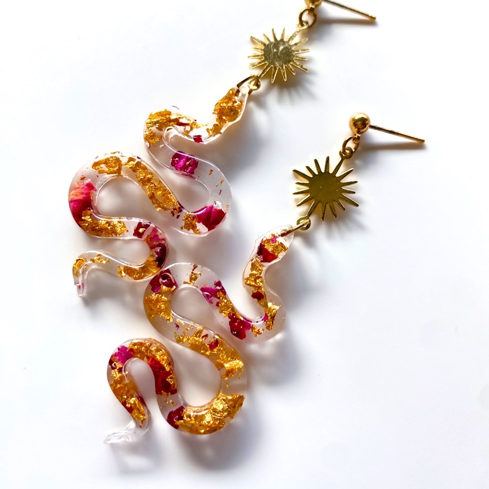 Snake rose petal and gold flake earrings
